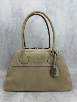MIU MIU Top Handle Bags Suede Leather (Beige-Silver) 40X24X13CM I00202608090632