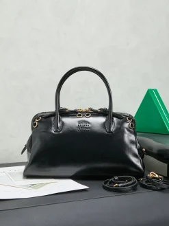 MIU MIU Top Handle Bags Waxed Leather (Black-Gold) 30X8X19CM G30202608091214
