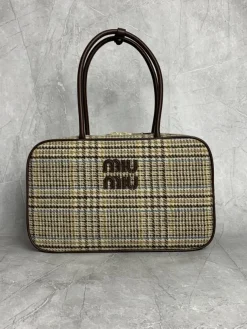 MIU MIU Top Handle Bags Wool and Calfskin (Brown-Beige) 34X23X12CM G00202608091351