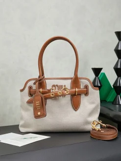 MIU MIU Totes Bags Canvas Leather (Beige-Brown) 30X22X10CM G00202608090764
