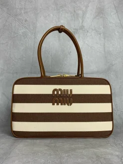MIU MIU Totes Bags Canvas Leather (Brown-White) 20X34X10CM G00202608091374