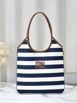 MIU MIU Totes Bags Canvas Leather (White-Blue-Brown) 35X40CM E50202608091256