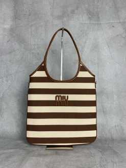 MIU MIU Totes Bags Canvas Leather (White-Brown) 35X40CM E50202608090107