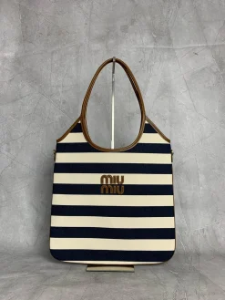 MIU MIU Totes Bags Canvas Leather (White-Navy Blue) 35X40CM E50202608090108