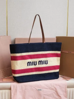 MIU MIU Totes Bags Cotton Lining (Navy-Cream-Pink) 40X34X16CM E50202608091184