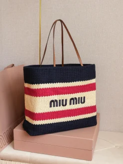 Alternative view of MIU MIU Totes Bags Cotton Lining (Navy-Cream-Pink) 40X34X16CM E50202608091184