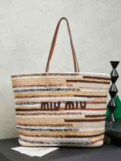 MIU MIU Totes Bags Cotton Weave (Brown-Beige) 40X34X16CM G80202608090762