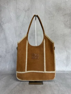 MIU MIU Totes Bags Deerskin Leather (Brown-Cream) 35X40CM F80202608091424