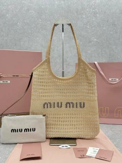 MIU MIU Totes Bags Linen Straw (Beige-Black) 34X40X60CM E30202608090104