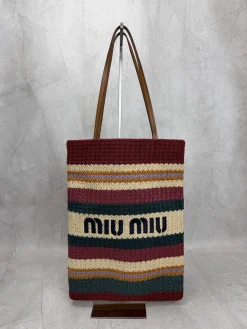 MIU MIU Totes Bags Raffia Cotton (Burgundy-Beige-Navy) 30X38CM E00202608090490