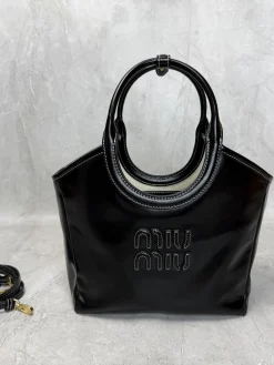 MIU MIU Totes Bags Waxed Calf Leather (Black-White) 22X14X11CM F50202608090779