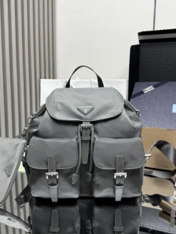 PRADA Backpacks Bags Nylon Saffiano Leather (Gray-Silver) 30X32X15 CM D20202608081554