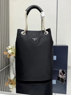PRADA Bucket Bags Nylon Calfskin (Black-Beige) 34X44X24CM D00202608080275