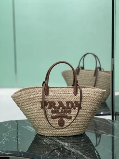 PRADA Bucket Bags Raffia Leather (Beige-Brown) 27X56X28CM F00202608081801