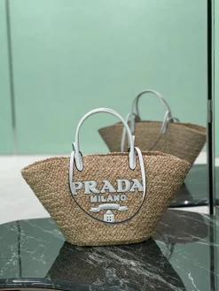PRADA Bucket Bags Raffia Leather (Brown-White) 27X56X28CM F00202608081802