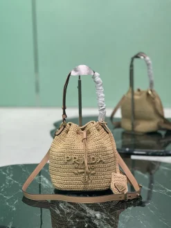 PRADA Bucket Bags Raffia Woven (Beige-Tan) 20X17X1 G40202608081380