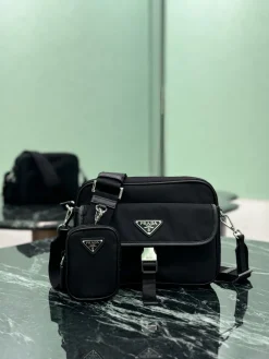 PRADA Crossbody Bags Nylon Leather (Black-Silver) 22X16X5 CM D00202608081756