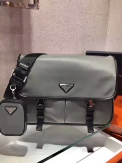 PRADA Crossbody Bags Nylon Saffiano Leather (Grey-Black) 32X24X12CM C20202608081185