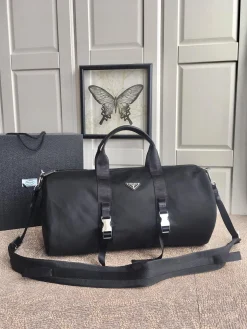 PRADA Duffles Bags Parachute Fabric (Black-Silver) 50x25x25 CM E00202608081010