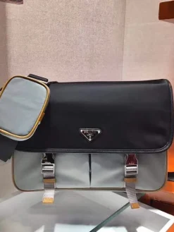 PRADA Messenger Bags Nylon Saffiano Leather (Black-Gray-Gold) 32X24X12CM C20202608081186