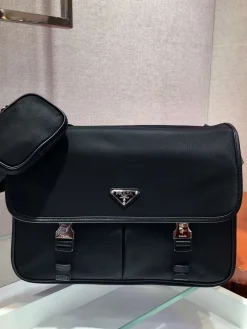 PRADA Messenger Bags Nylon Saffiano Leather (Black-Silver) 32X24X12CM C20202608081187