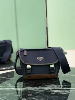 PRADA Messenger Bags Suede Calfskin Nylon (Blue-Brown) 20X19X10CM D00202608081750