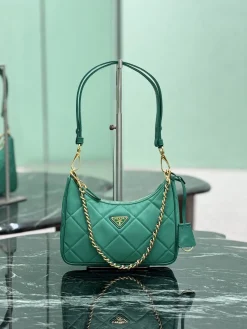 PRADA Shoulder Bags Nylon Leather (Green-Gold) 22X18X6 CM D40202608081957