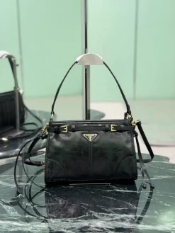 PRADA Shoulder Bags Waxed Calfskin (Black-Gold) 26X18X9CM F20202608081867