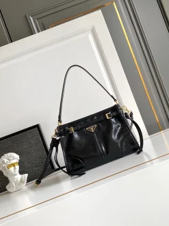 PRADA Shoulder Bags Waxed Leather (Black-Gold) 26X18X9CM F20202608080718