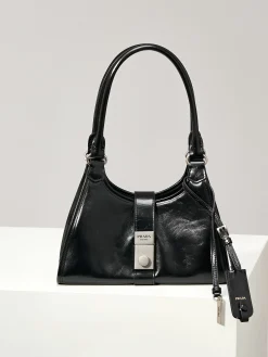 PRADA Shoulder Bags Waxed Leather (Black-Silver) 26X18X12CM F30202608081113