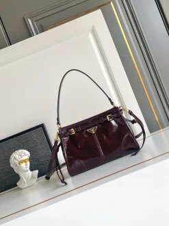 PRADA Shoulder Bags Waxed Leather (Burgundy-Gold) 26X18X9CM F20202608080719