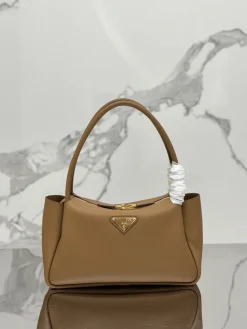PRADA Top Handle Bags Calfskin Leather (Brown-Gold) 28x18x11 cm F60202608081808