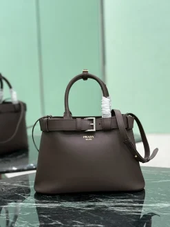 PRADA Top Handle Bags Leather (Brown-Silver) 32X23X11CM H60202608081232