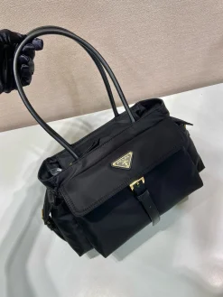PRADA Top Handle Bags Nylon Calfskin (Black-Gold) 31x17x11cm E00202608081086