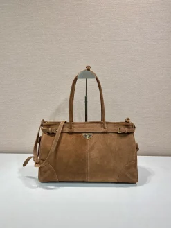 PRADA Top Handle Bags Suede Leather (Brown) 38x30x12cm F80202608081046