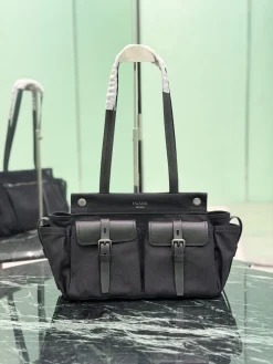 PRADA Totes Bags Canvas Leather (Black-Green) 30X22X15CM E60202608081864