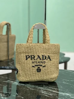 PRADA Totes Bags Raffia (Beige-Black) 24X24X8CM D80202608081888