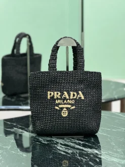 PRADA Totes Bags Raffia (Black-Gold) 24X24X8CM D80202608081887