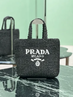 PRADA Totes Bags Raffia (Black-White) 24X24X8CM D80202608081889