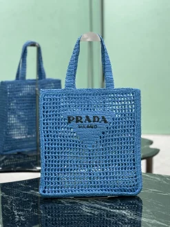 PRADA Totes Bags Raffia (Blue-Black) 36X38X3CM D20202608081900