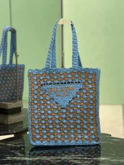PRADA Totes Bags Raffia (Blue-Brown) 36X38X3CM D60202608081904