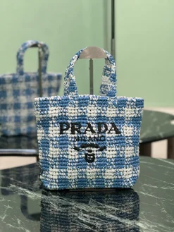 PRADA Totes Bags Raffia (Blue-White) 24X24X8CM D80202608081893