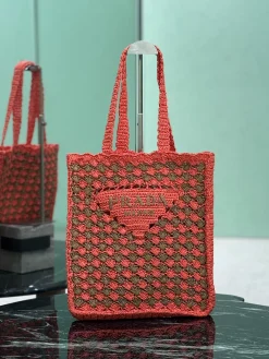 PRADA Totes Bags Raffia (Coral-Brown) 36X38X3CM D60202608081905