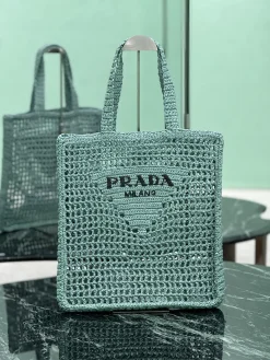 PRADA Totes Bags Raffia Fiber (Green-Black) 36X38X3 CM D20202608081901