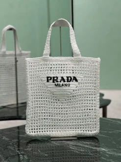 PRADA Totes Bags Raffia Fiber (White-Black) 36X38X3CM D20202608081897