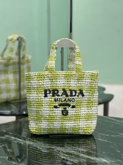 PRADA Totes Bags Raffia (Green-White) 24X24X8CM D80202608081892