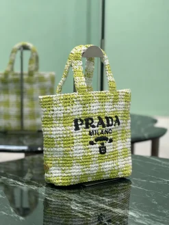 Alternative view of PRADA Totes Bags Raffia (Green-White) 24X24X8CM D80202608081892