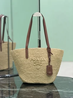 PRADA Totes Bags Straw Leather (Beige-Brown) 26X24X15CM F90202608081869