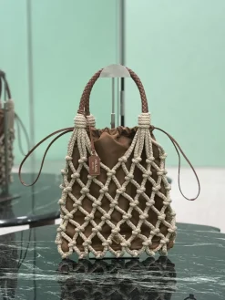 PRADA Totes Bags Woven Cotton (Brown-Beige) 37X30CM D80202608081376