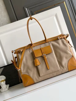 PRADA Travel Bags Linen Leather (Tan-Brown) 50X36X17CM G90202608081134